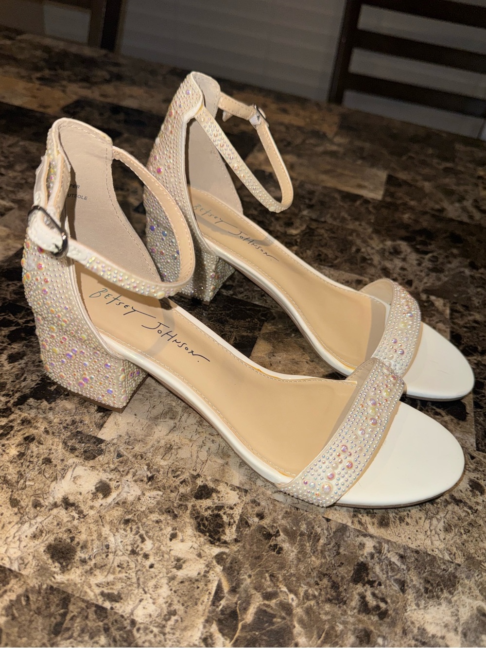 Betsey Johnson White/Ivory Iridescent Crystal Block Heel Mari Sandals - 8W